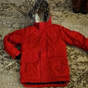 Lands' End Red Kids Puffer Jacket with Faux Fur Hood